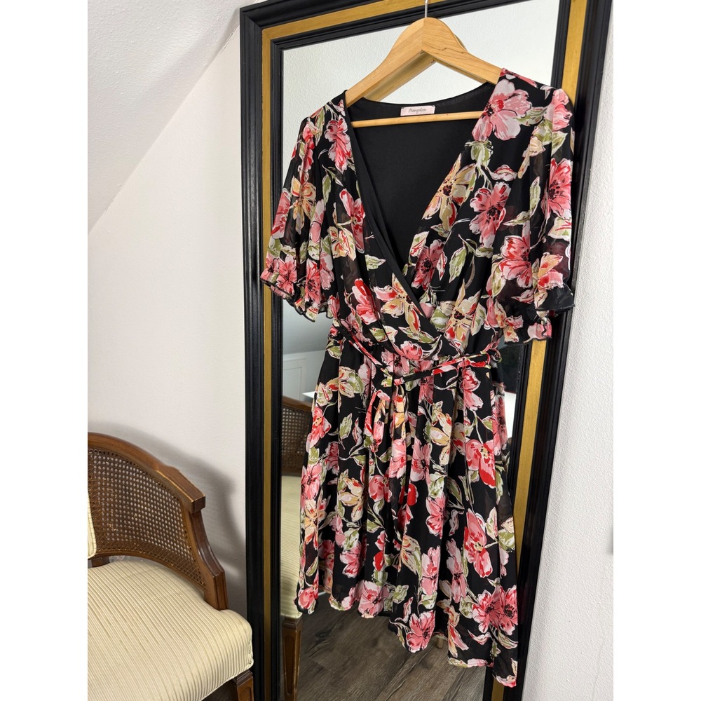 Mangosteen Floral‎ Faux Wrap Dress Womens Black Flutter Sleeve V-Neck Size 1X